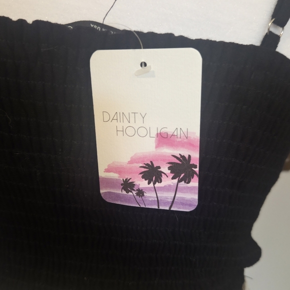 Dainty Hooligan Black Spaghetti Strap Crop Top With Brown Buttons & Cinched Back - Picture 2 of 5